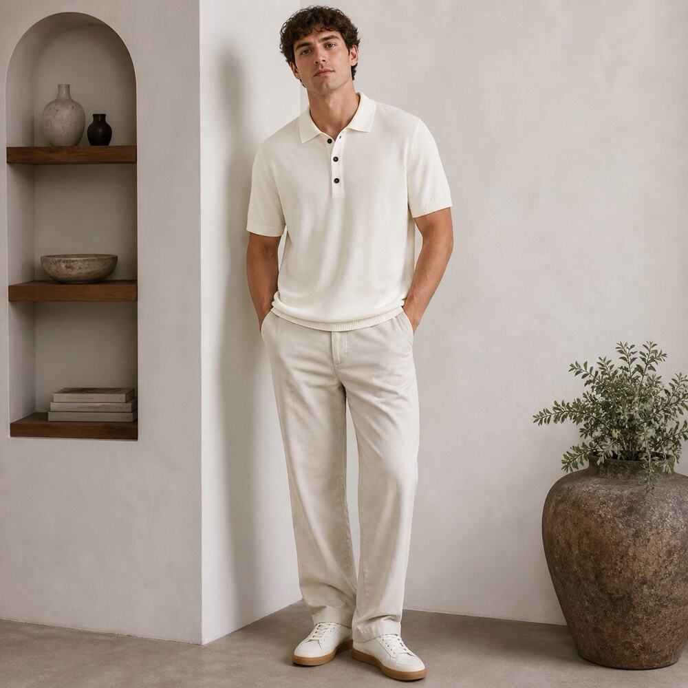 Zara Knit Polo Shirt Mens Medium Cream Minimalist Short Sleeve Casual Quiet Lux